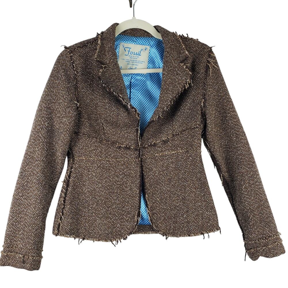 Vintage Fossil Women's S Frayed Tweed Open Blazer Jacket Brown Old‎ Money Preppy